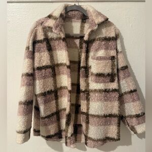 Plaid Sherpa shearling shacket Jacket - Cream and purple